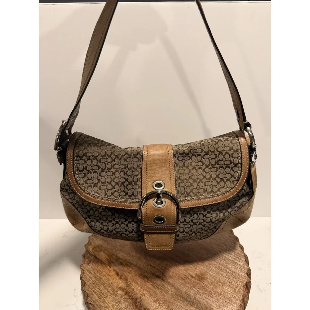 Coach Soho Flap Shoulder Bag Womens Small Brown Tan Mini Signature Canvas Buckle